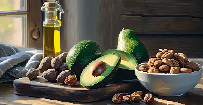 A still life arrangement of healthy fats including avocados, walnuts, and olive oil on a wooden table, illuminated by natural light.