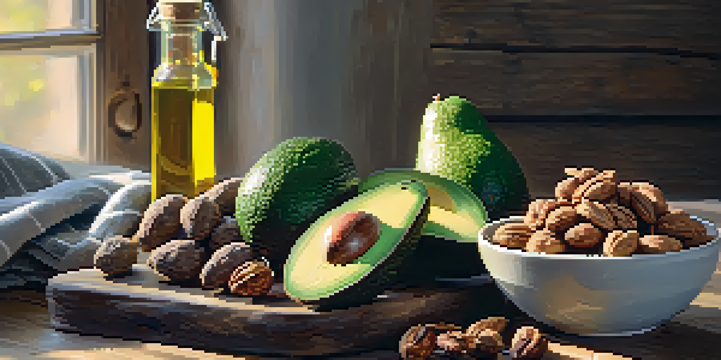 A still life arrangement of healthy fats including avocados, walnuts, and olive oil on a wooden table, illuminated by natural light.