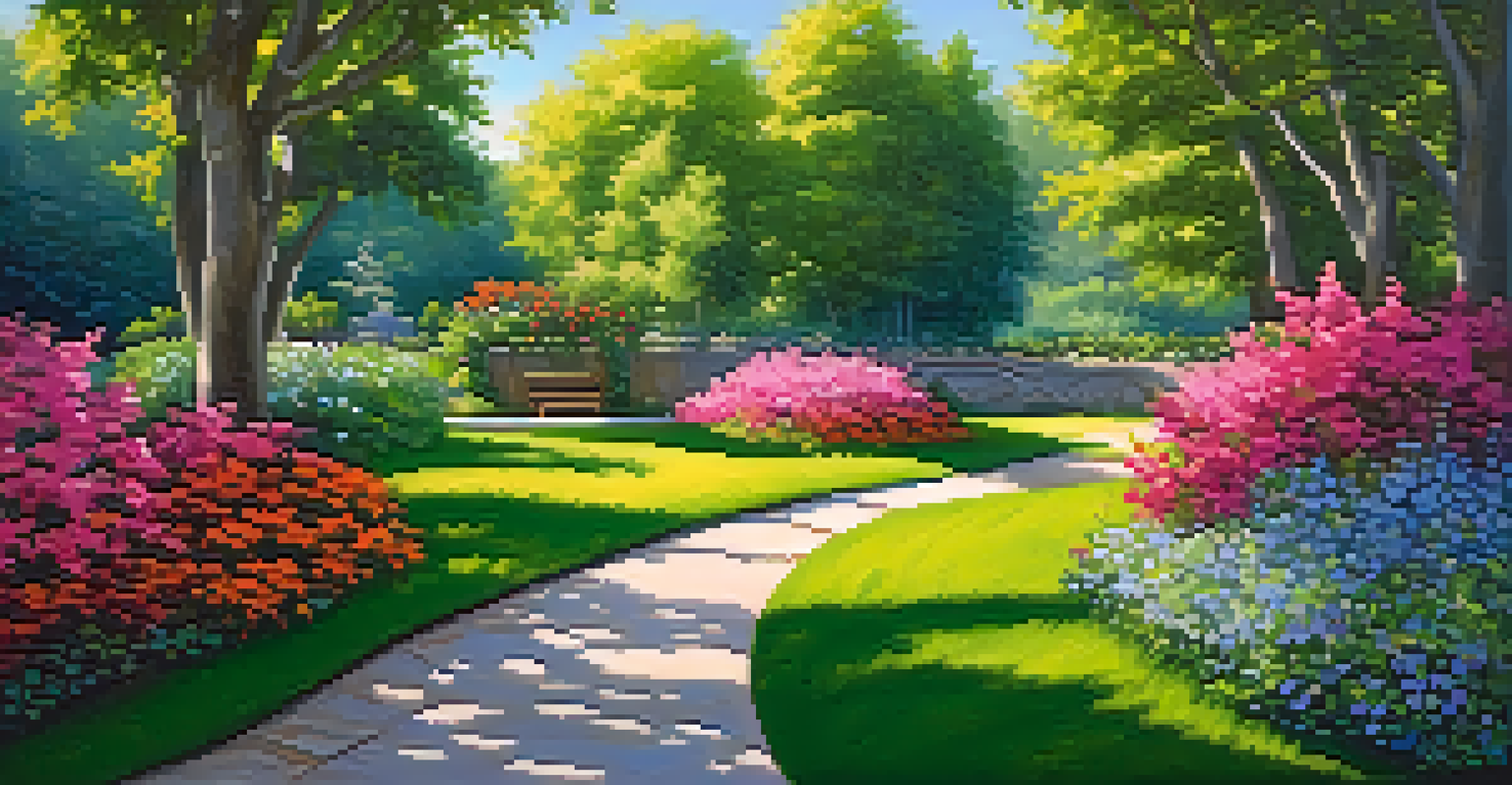A peaceful garden with colorful flowers and a stone pathway leading to a bench, illuminated by sunlight filtering through trees.