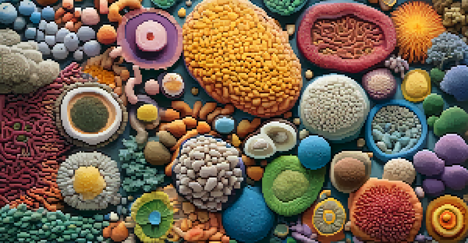 An abstract illustration of the gut microbiome with colorful microorganisms and vibrant textures.