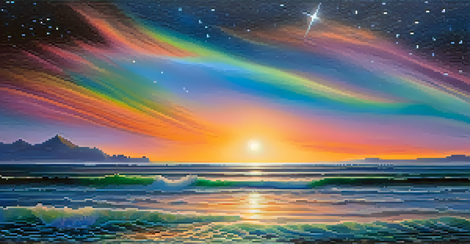 An ocean at night with colorful waves under a starry sky, symbolizing spirituality.