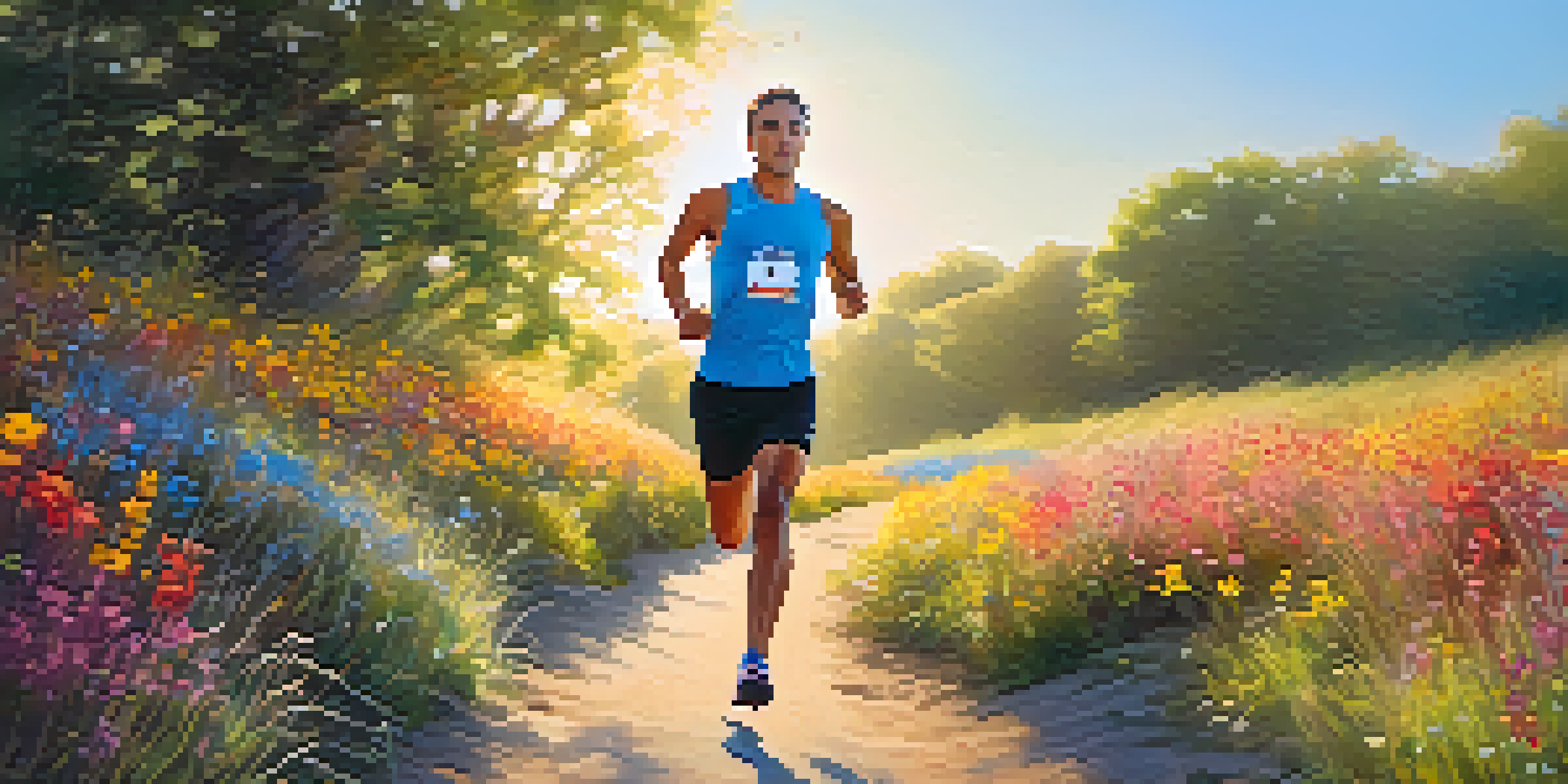 An athlete running outdoors in summer, surrounded by colorful wildflowers and under a clear blue sky.