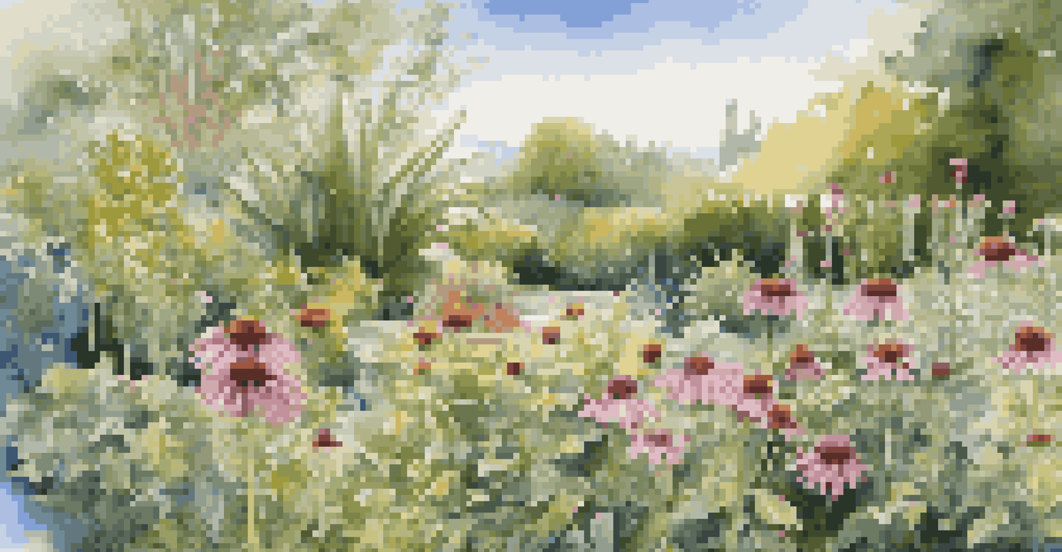 A beautiful outdoor garden filled with various herbs and plants like echinacea and aloe vera, under a clear blue sky and soft sunlight.