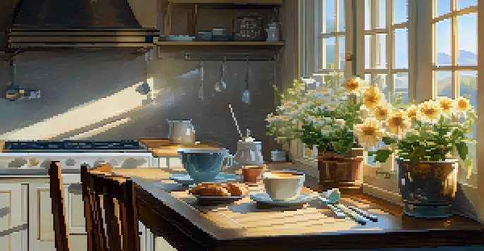 A person enjoying a cup of coffee at a sunlit wooden table, with steam rising from the cup and fresh flowers nearby.