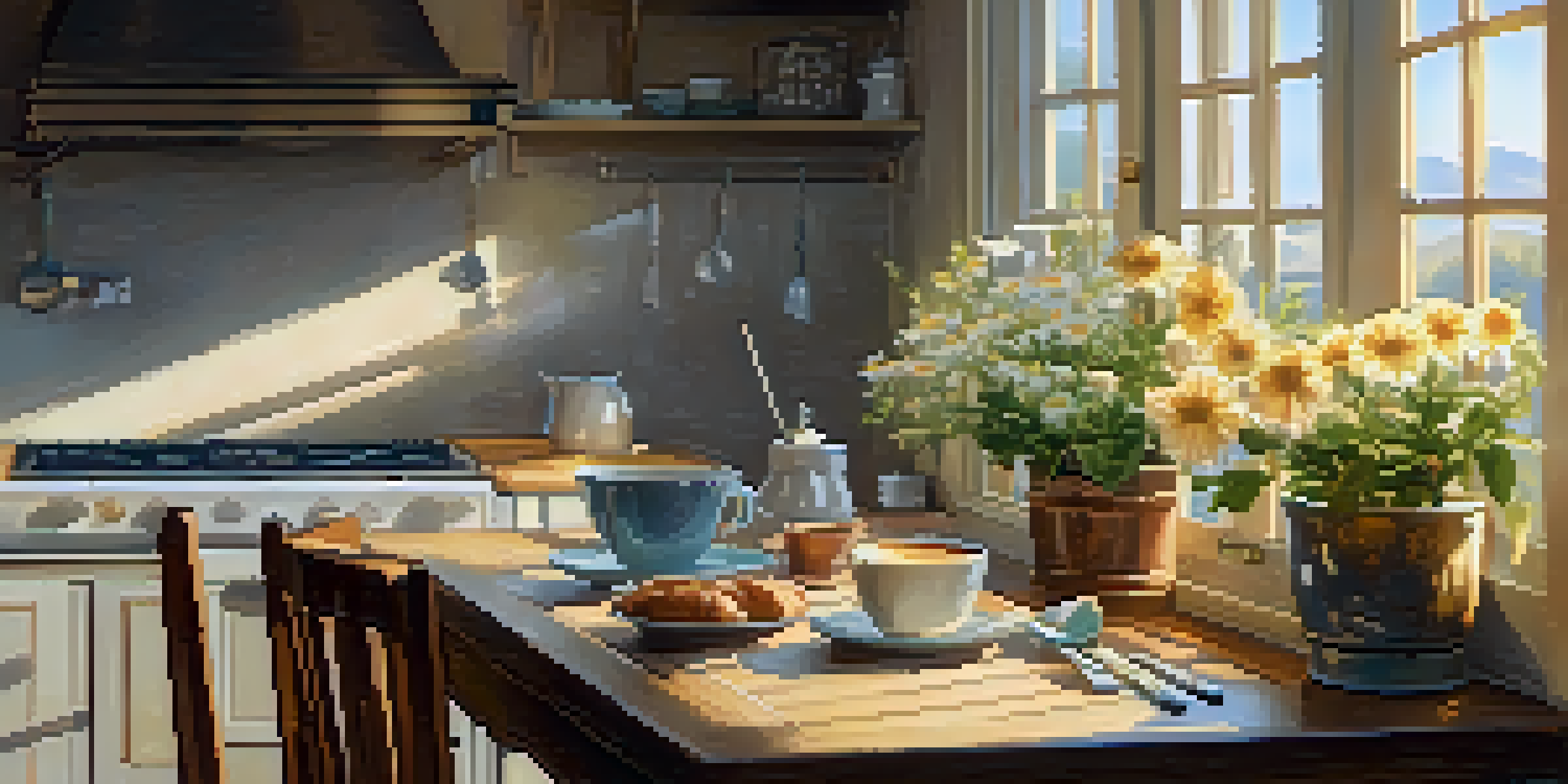 A person enjoying a cup of coffee at a sunlit wooden table, with steam rising from the cup and fresh flowers nearby.