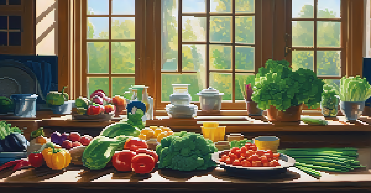 A bright kitchen with fresh ingredients and a person chopping vegetables on a cutting board.