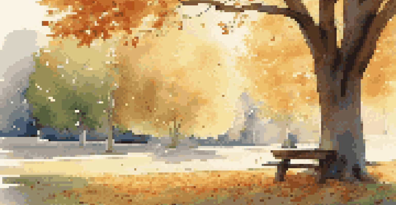 A tranquil park scene with colorful autumn leaves, a bench, and a person practicing yoga on the grass.