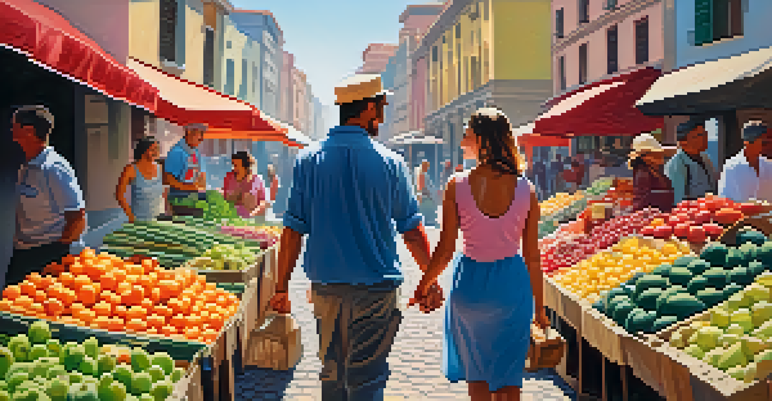 An urban couple joyfully walking through a bustling market, surrounded by colorful produce and crafts, representing a strong relationship.