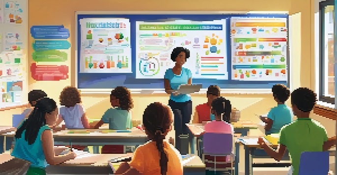 A classroom with diverse students learning about health literacy from a teacher using a digital whiteboard filled with colorful infographics.