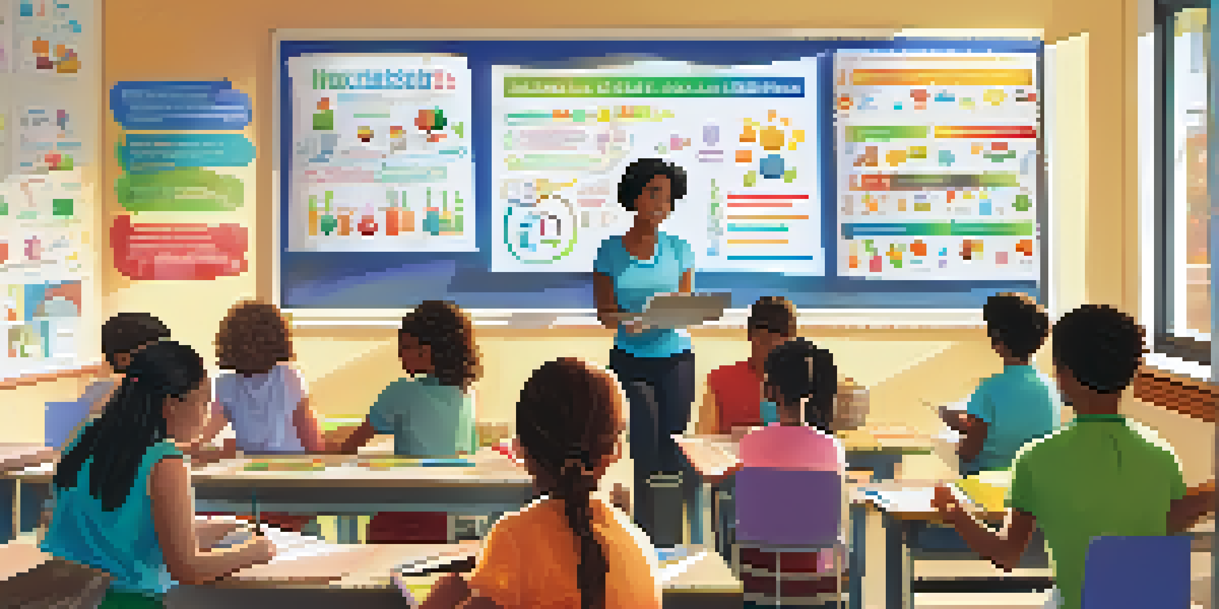 A classroom with diverse students learning about health literacy from a teacher using a digital whiteboard filled with colorful infographics.