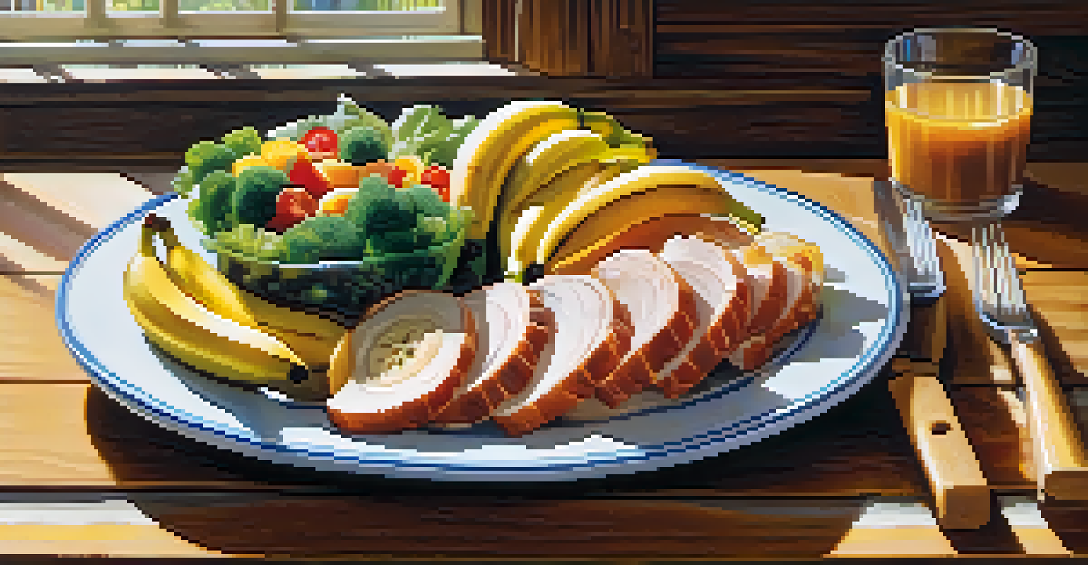 A colorful and healthy meal featuring turkey, bananas, and vegetables, beautifully arranged on a wooden table with natural sunlight.