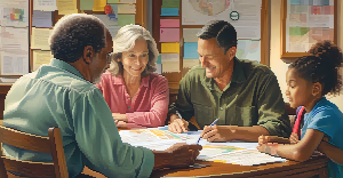 A diverse family sharing health history documents at a table, with charts and records visible, illuminated by warm lighting.
