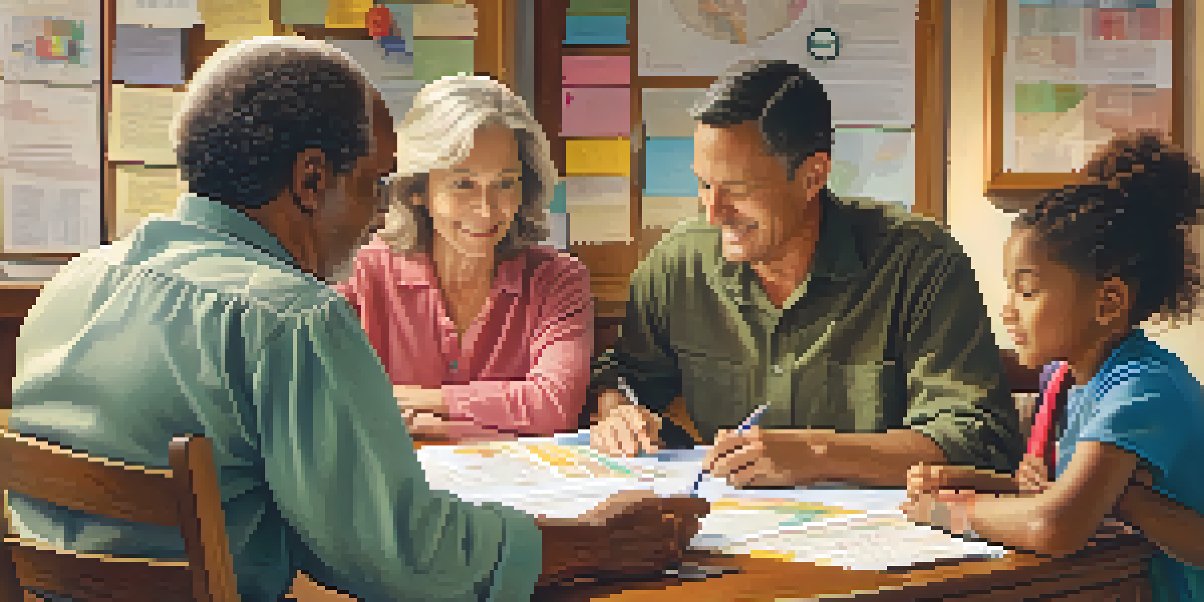 A diverse family sharing health history documents at a table, with charts and records visible, illuminated by warm lighting.