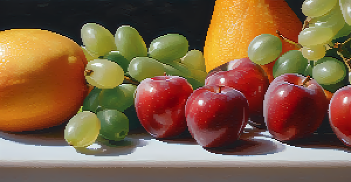 A close-up image showcasing white healthy teeth surrounded by colorful fruits and leafy greens, emphasizing oral health and nutrition.