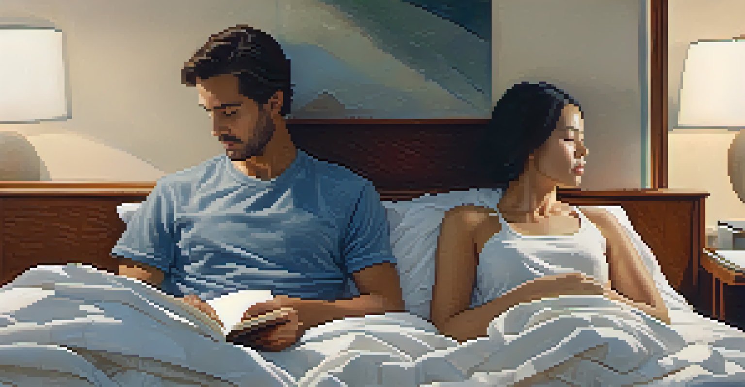 A split-screen image of a man peacefully sleeping and a woman looking thoughtful in her bedroom.