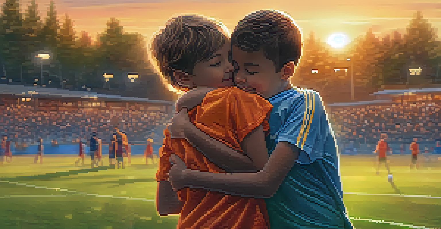 Two children hugging on a soccer field after a match, surrounded by sports equipment and a sunset background.