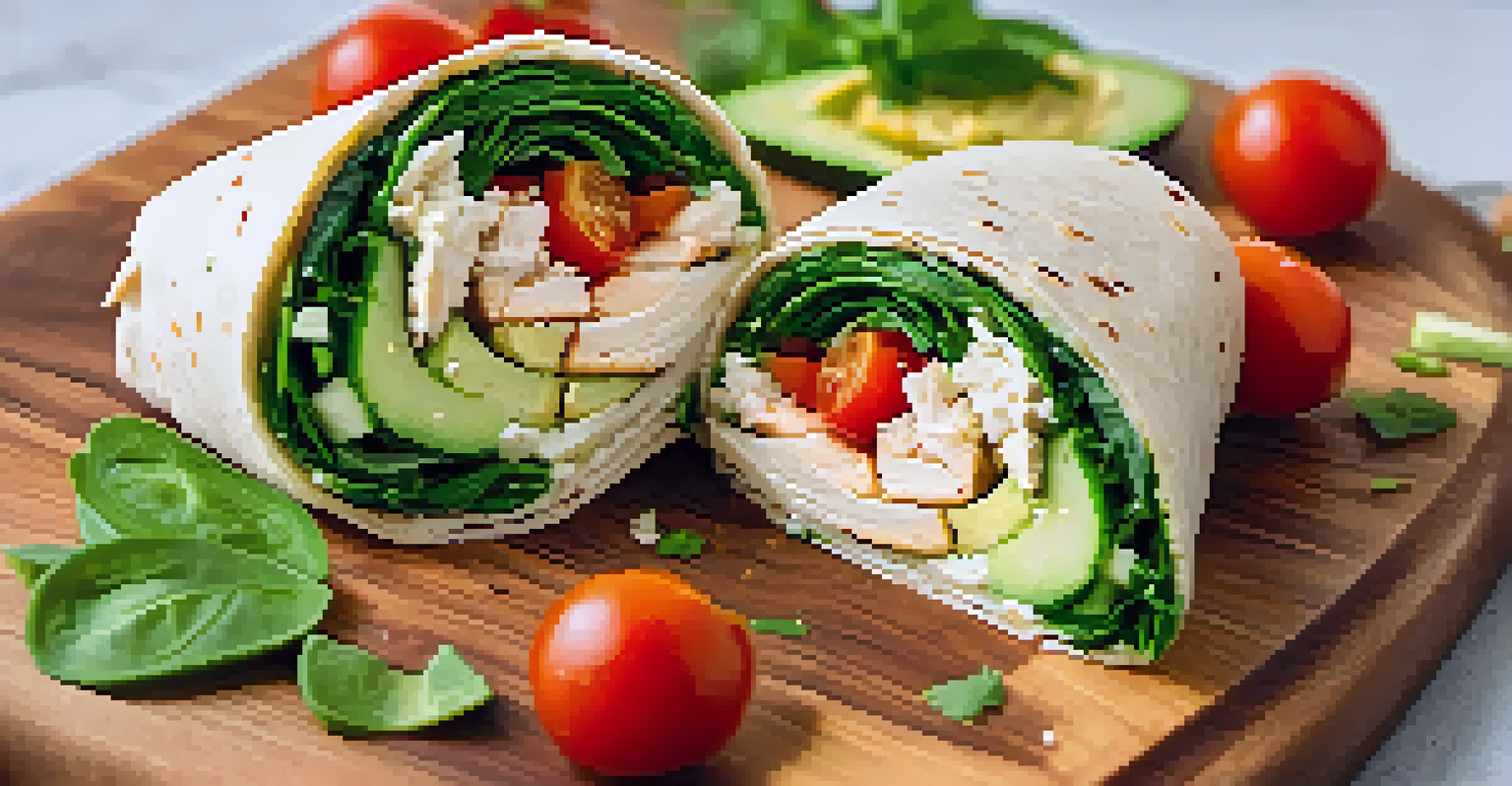 A Mediterranean wrap filled with spinach, hummus, cucumber, and chicken, sliced in half on a wooden board.