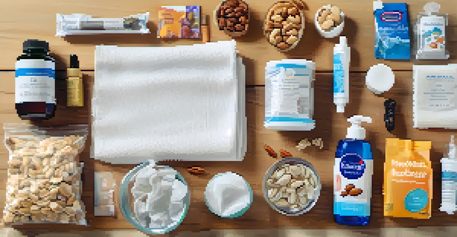 A table with various travel health supplies including hand sanitizer, disinfectant wipes, and healthy snacks.