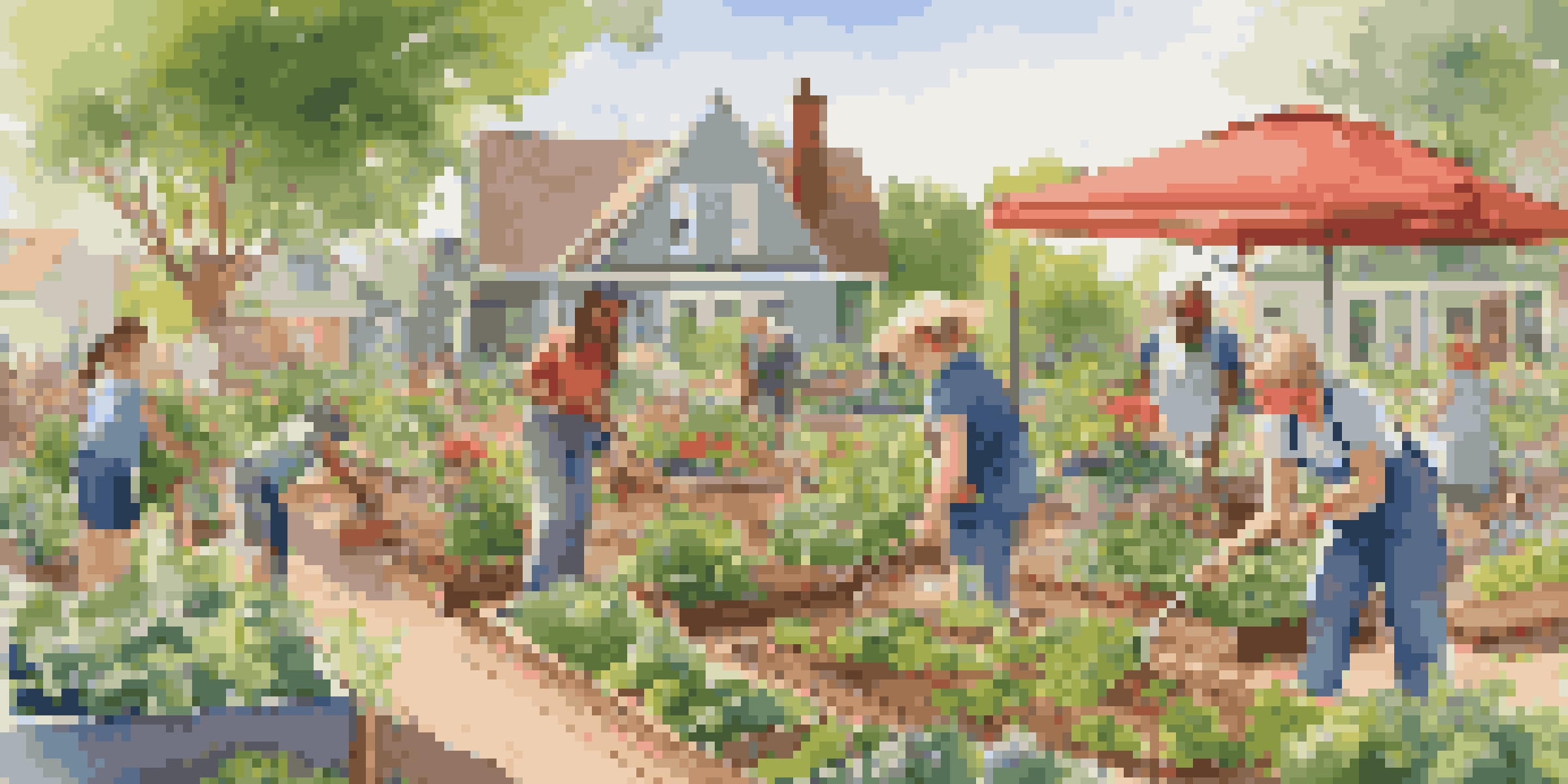 A diverse group of people planting vegetables in a sunny community garden filled with colorful flowers.