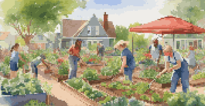 A diverse group of people planting vegetables in a sunny community garden filled with colorful flowers.