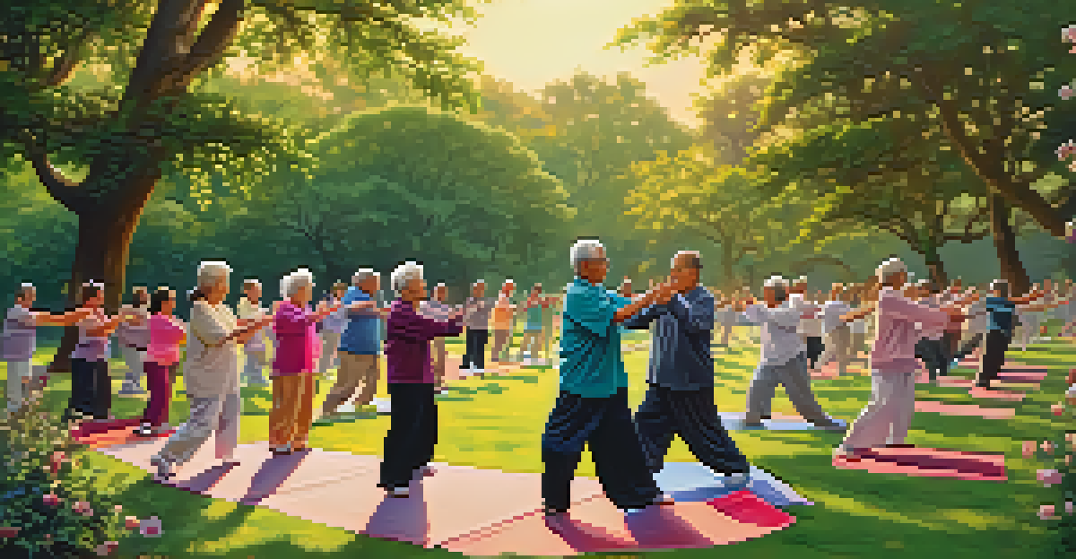 A group of older adults practicing tai chi in a park, set against a backdrop of greenery and a sunset.