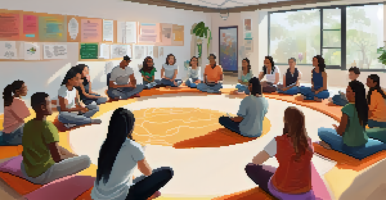 A group of diverse students engaged in a mindfulness workshop, sitting in a circle with a facilitator.