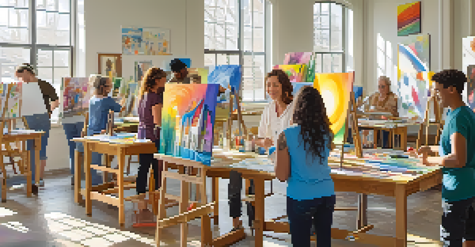 A lively art class in a bright studio with participants painting on canvases and colorful artwork on the walls.