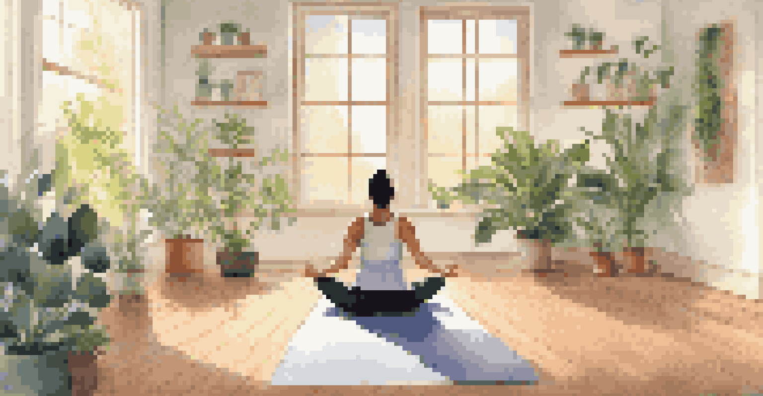 A person meditating on a yoga mat in a peaceful room filled with plants and candles.