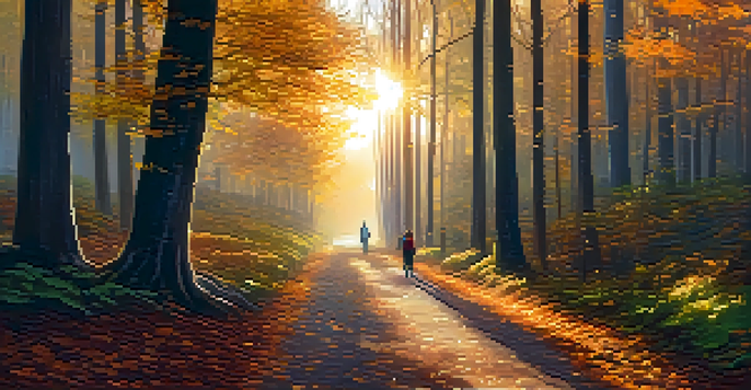 A person walking peacefully along a sunlit path in a forest filled with autumn leaves, representing a digital detox in nature.