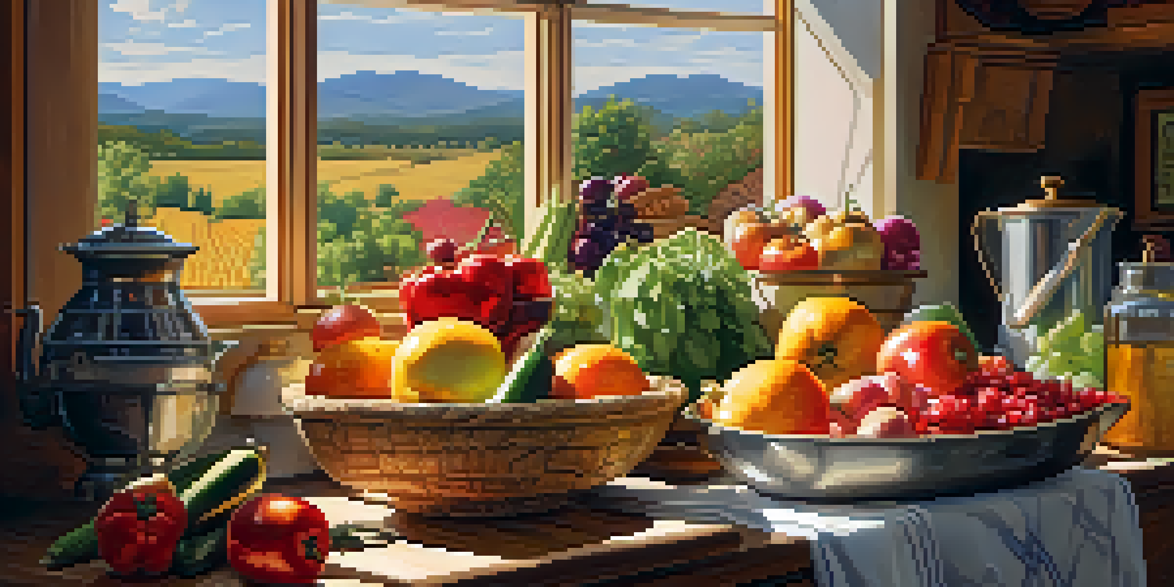 A bright kitchen filled with fresh fruits and vegetables, sunlight illuminating the ingredients on a wooden countertop with an open cookbook.