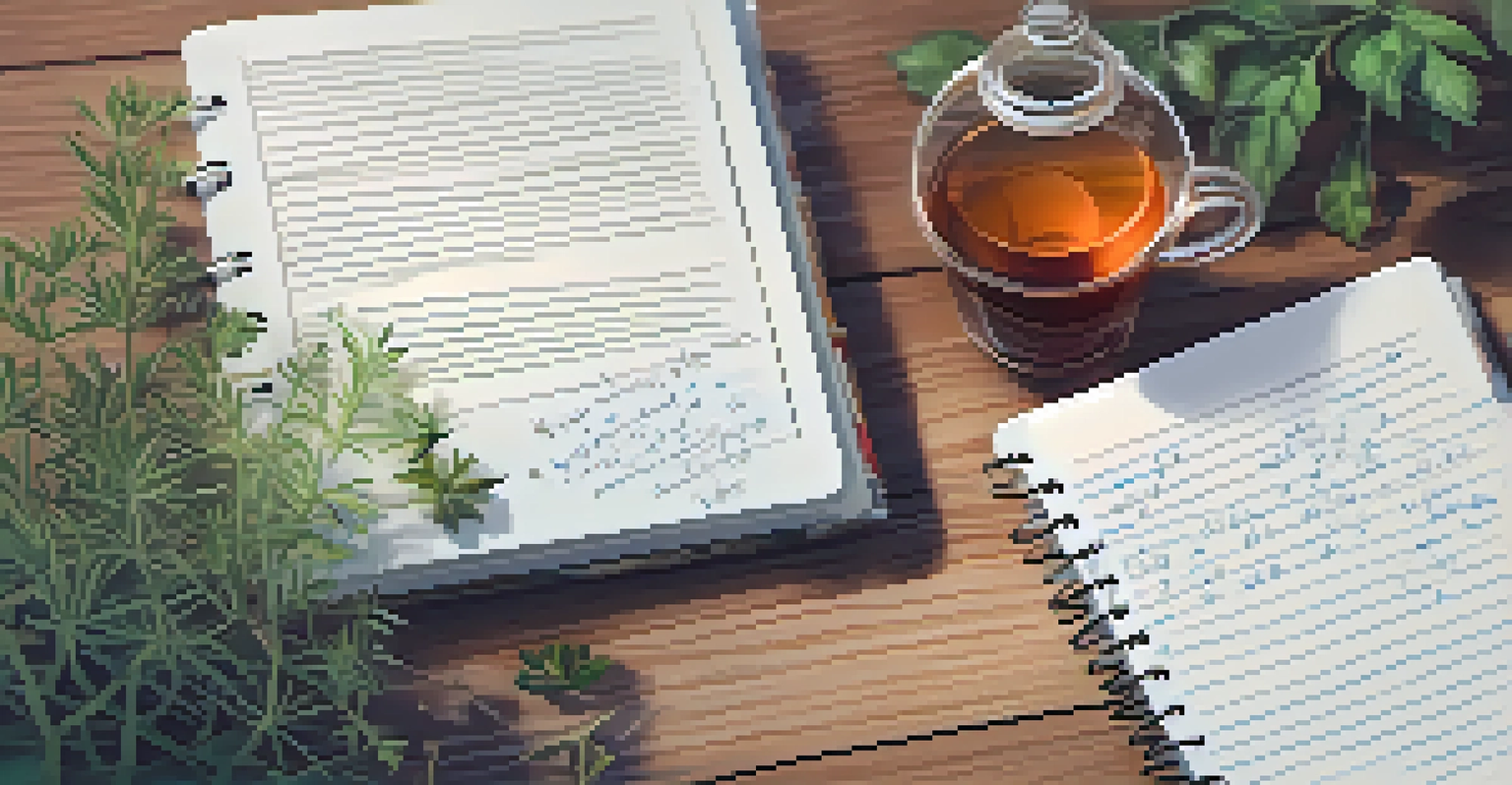 An open notebook with notes about stress triggers, a cup of herbal tea, and a small plant on a wooden table, creating a calm atmosphere.
