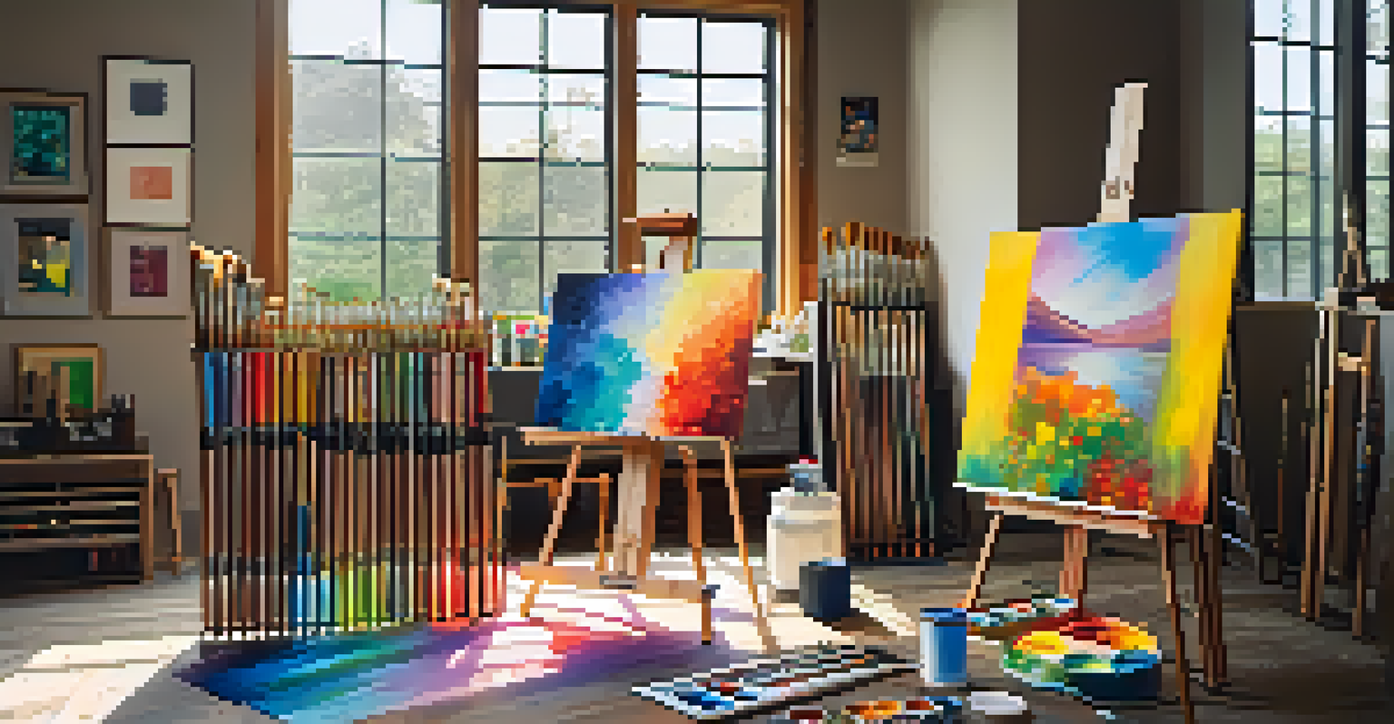An artist's studio with a wooden easel, vibrant paintings, and an array of art supplies, illuminated by natural light.