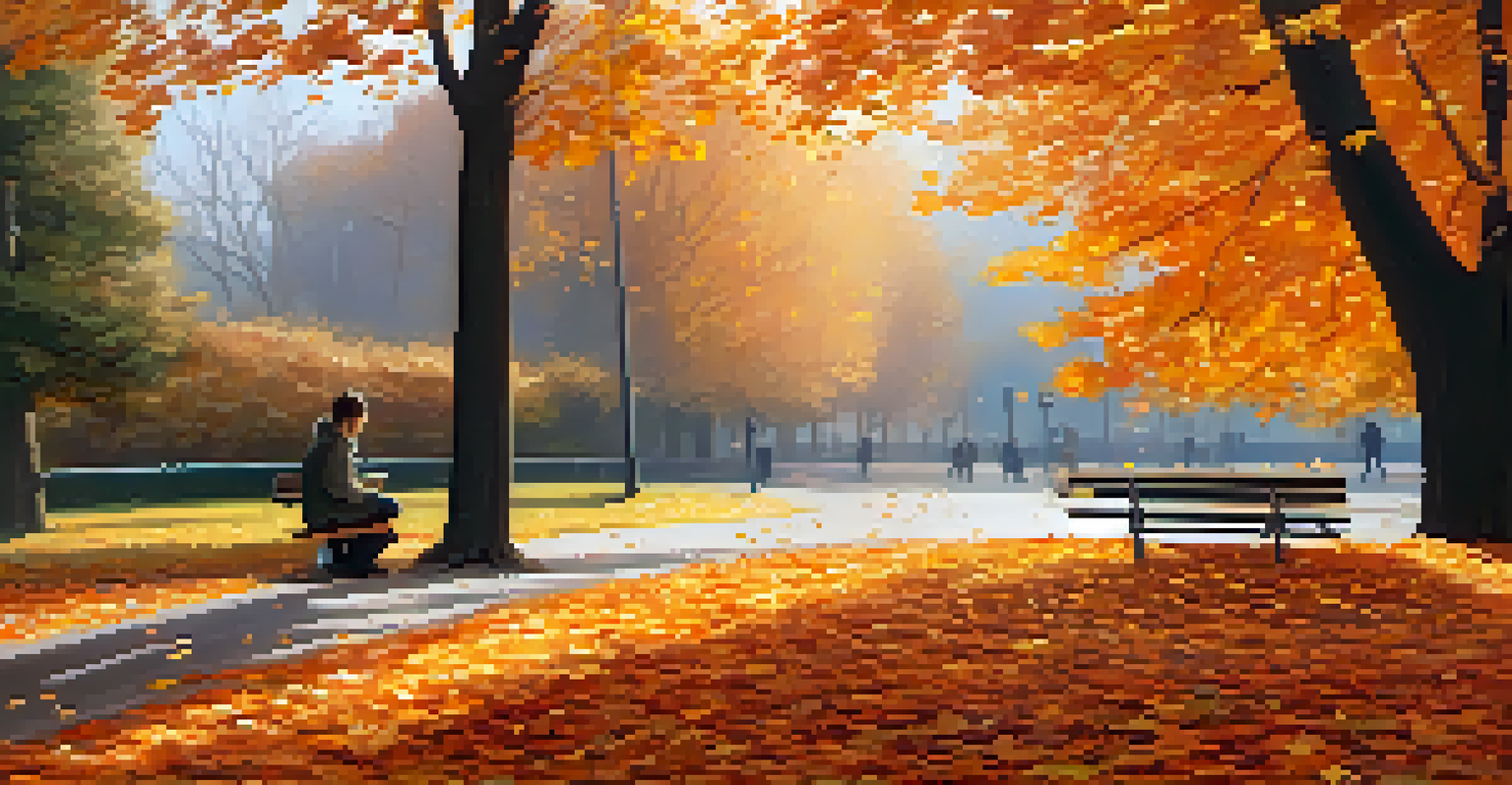 An autumn park scene with colorful leaves, a bench, and a person writing in a journal.