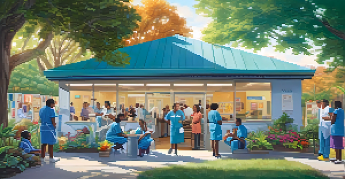A community health clinic in a rural area with healthcare workers and local families, surrounded by greenery and colorful murals, with sunlight filtering through trees.