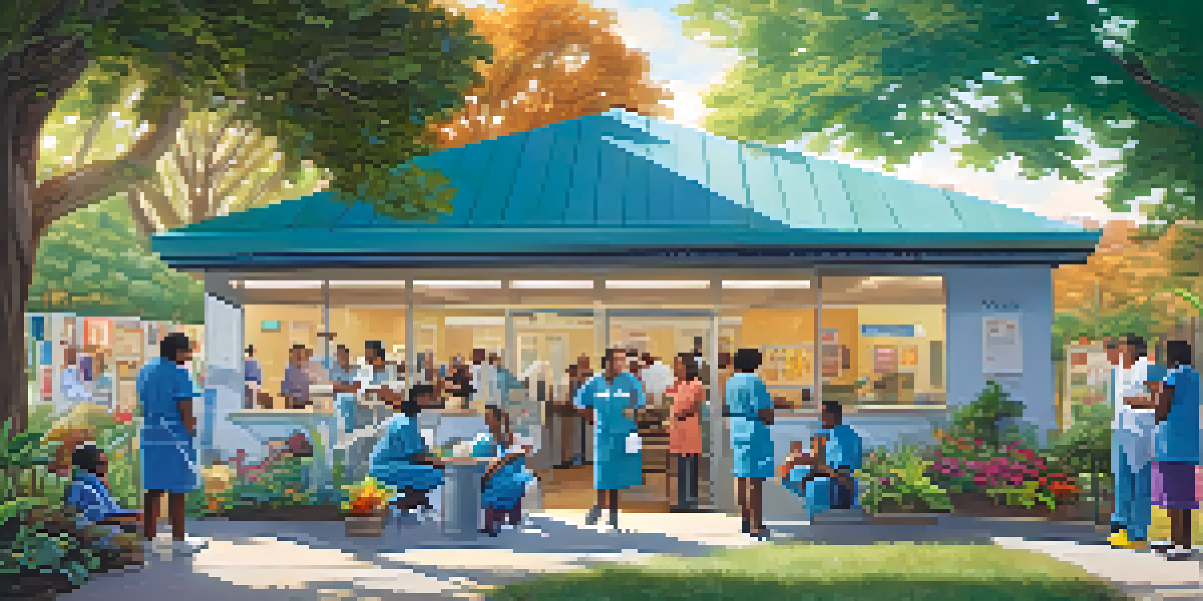 A community health clinic in a rural area with healthcare workers and local families, surrounded by greenery and colorful murals, with sunlight filtering through trees.
