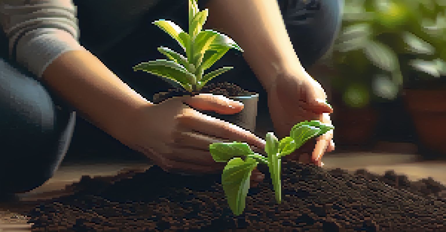 A close-up of hands planting a small plant in soil, symbolizing personal growth and healthy boundaries.