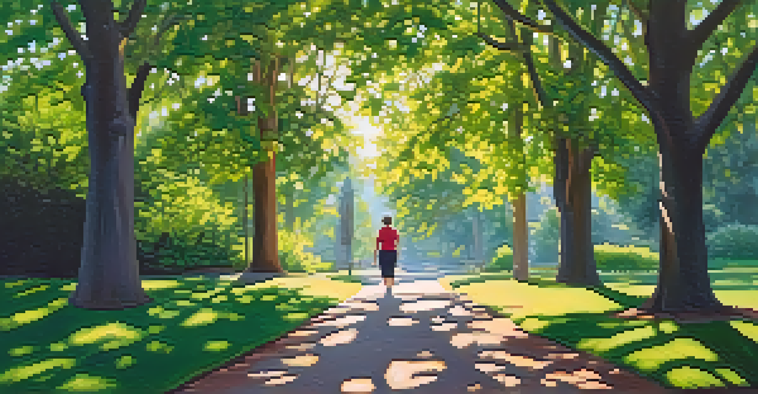 A person walking in a lush green park, sunlight filtering through the leaves, embodying the idea of taking a restorative break outdoors.