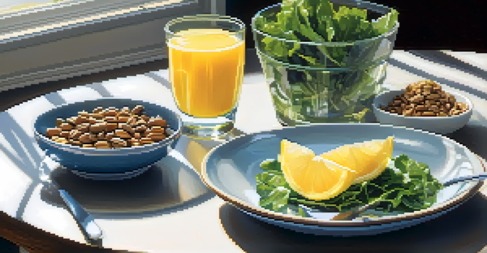 A healthy breakfast table with whole foods and chromium supplements, illuminated by natural sunlight.