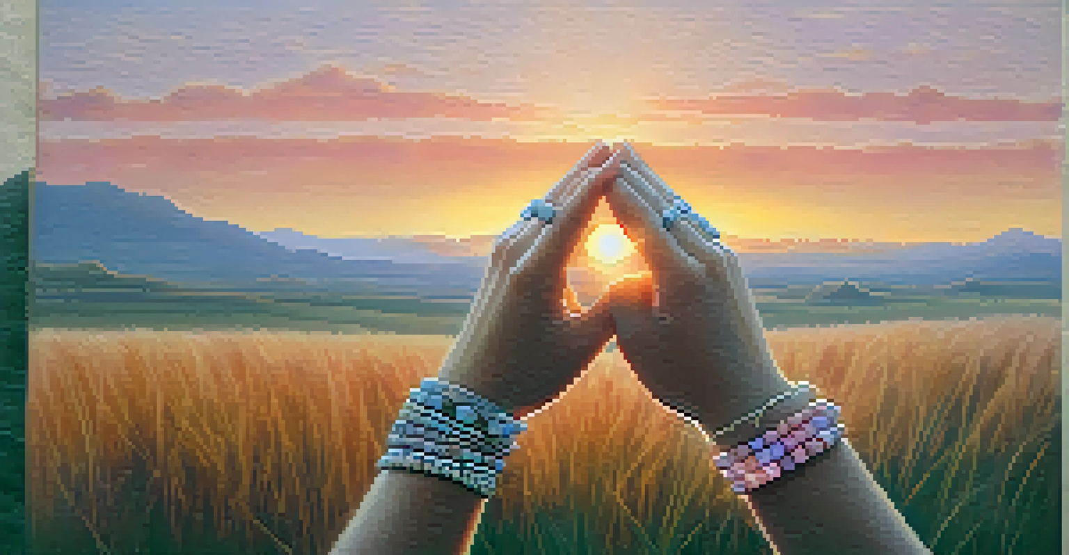 Close-up of hands in a prayer position against a soft sunrise backdrop, symbolizing hope and emotional balance.