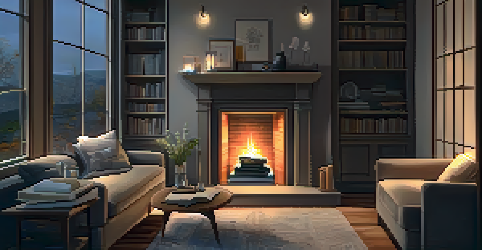 A comfortable living room with a person reading by the fireplace, surrounded by soft pillows and blankets, creating a warm atmosphere.