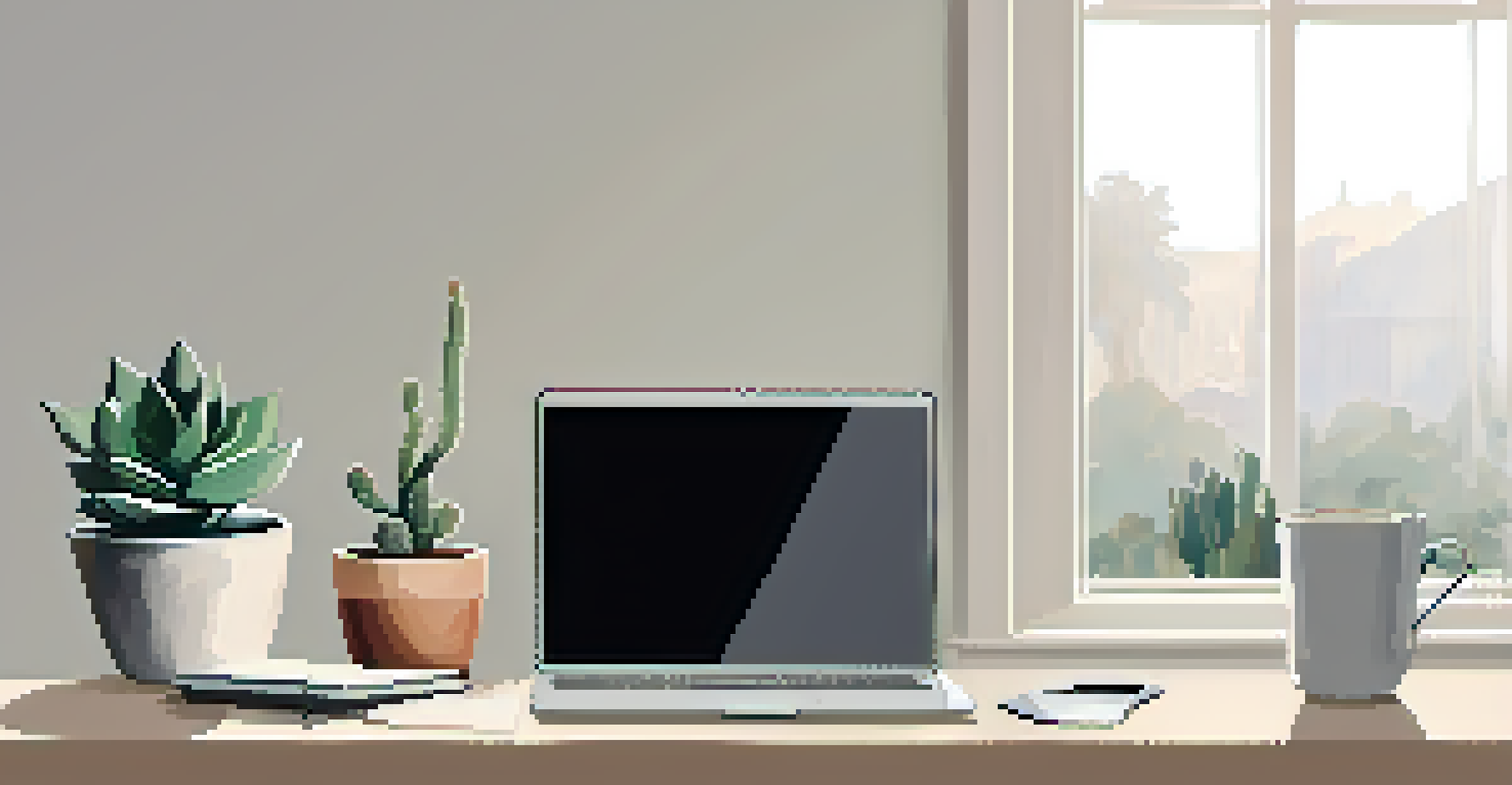 A minimalist workspace featuring a clean desk with a computer, a small succulent, and a cup of coffee against a neutral background, emphasizing simplicity and clarity.