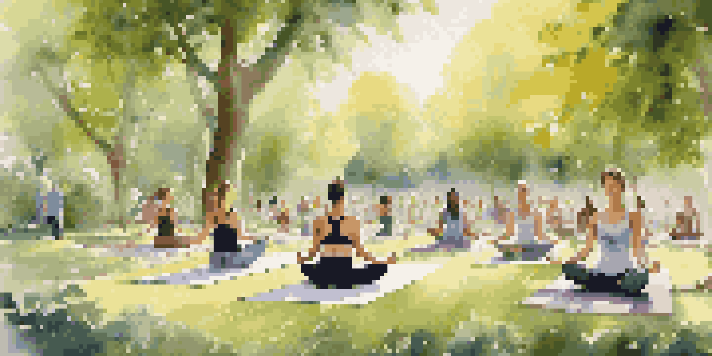 A peaceful outdoor yoga class in a green park with participants practicing yoga surrounded by trees and flowers, sunlight filtering through the leaves.