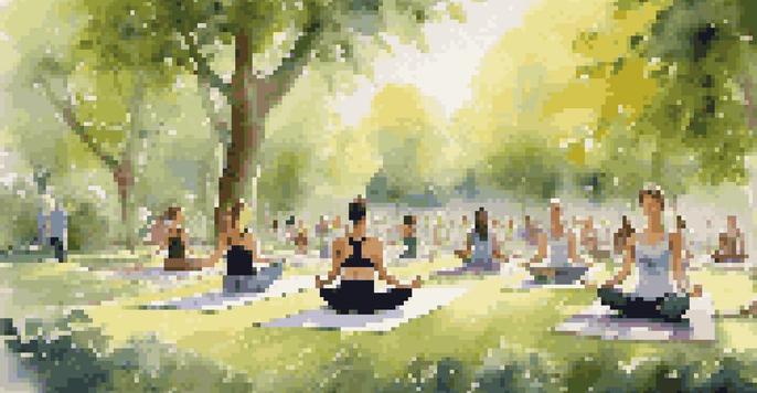 A peaceful outdoor yoga class in a green park with participants practicing yoga surrounded by trees and flowers, sunlight filtering through the leaves.