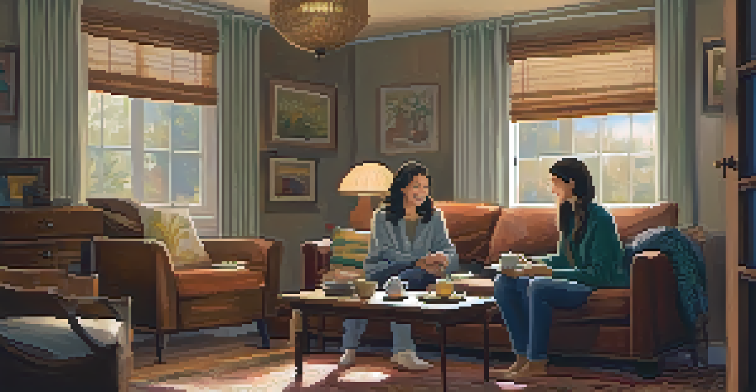 A cozy living room scene where a close friend offers emotional support to another person sitting on a couch; warm lighting and personal touches create a comforting environment.