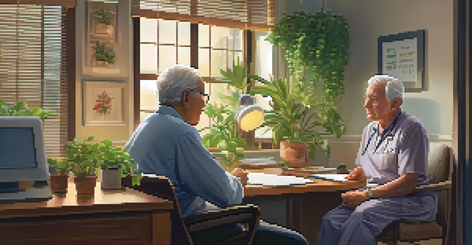 A healthcare provider explaining health screenings to an elderly man in a cozy office filled with plants.