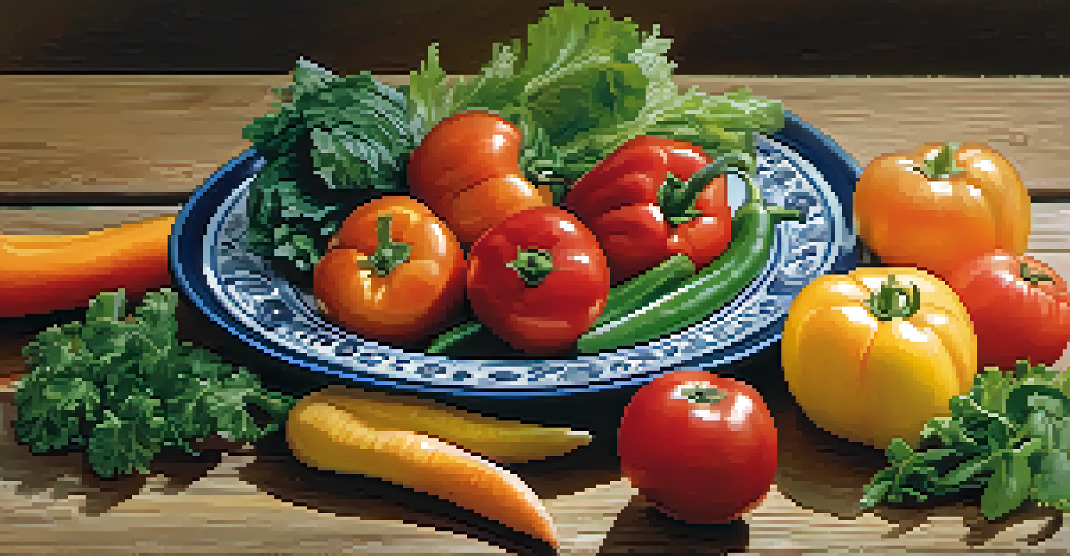 A colorful plate filled with fresh fruits and vegetables on a wooden table, highlighting a healthy plant-based diet.