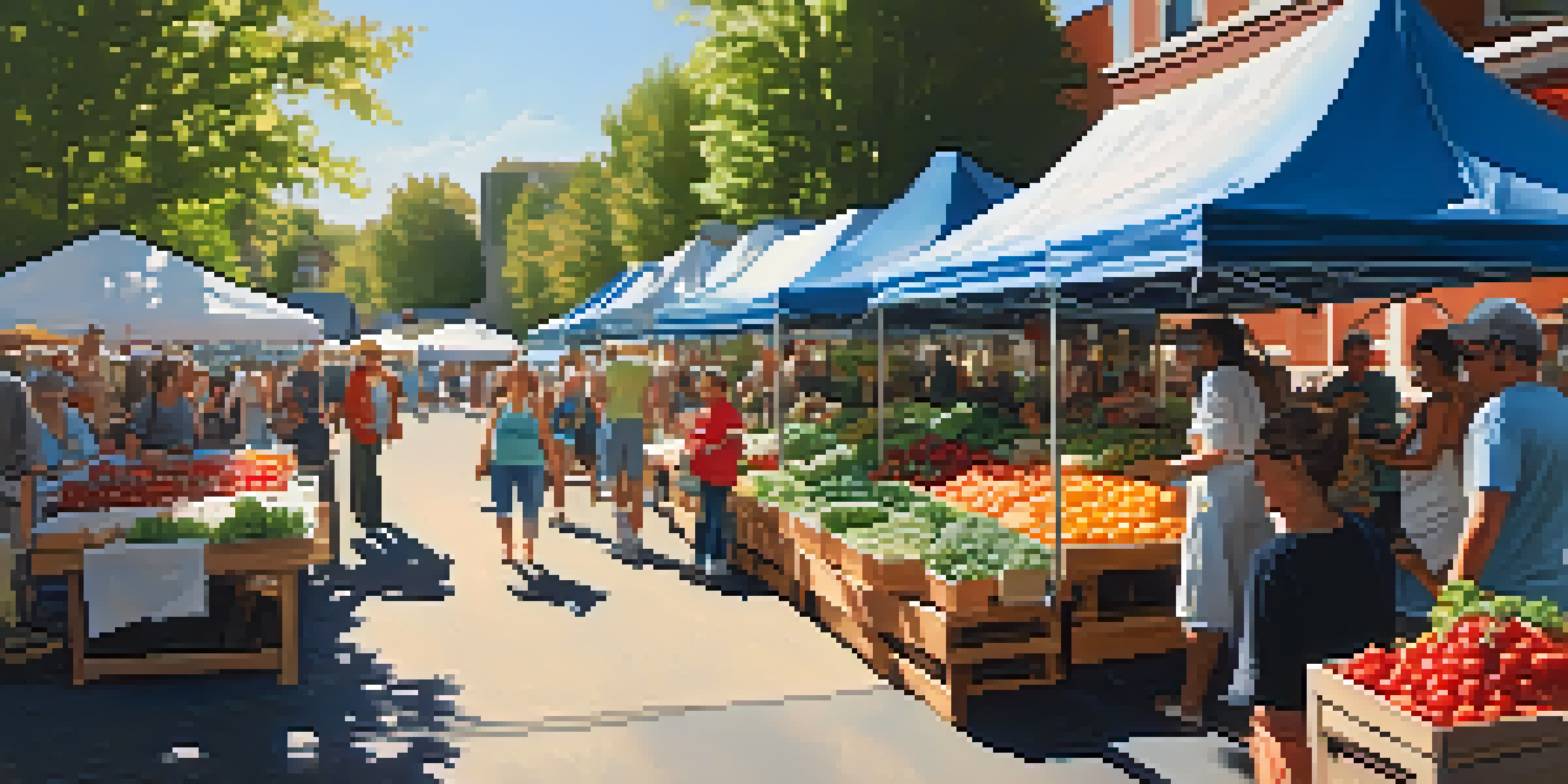 A bustling farmers' market with colorful seasonal produce including strawberries, peaches, and tomatoes, under soft sunlight.