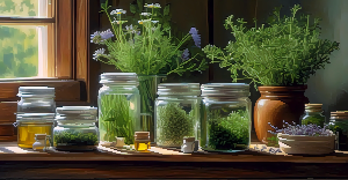 A kitchen table filled with jars of herbal supplements and fresh herbs, illuminated by soft morning light.