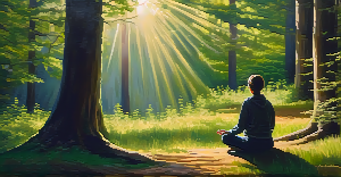 A person meditating in a sunlit forest clearing surrounded by tall trees.