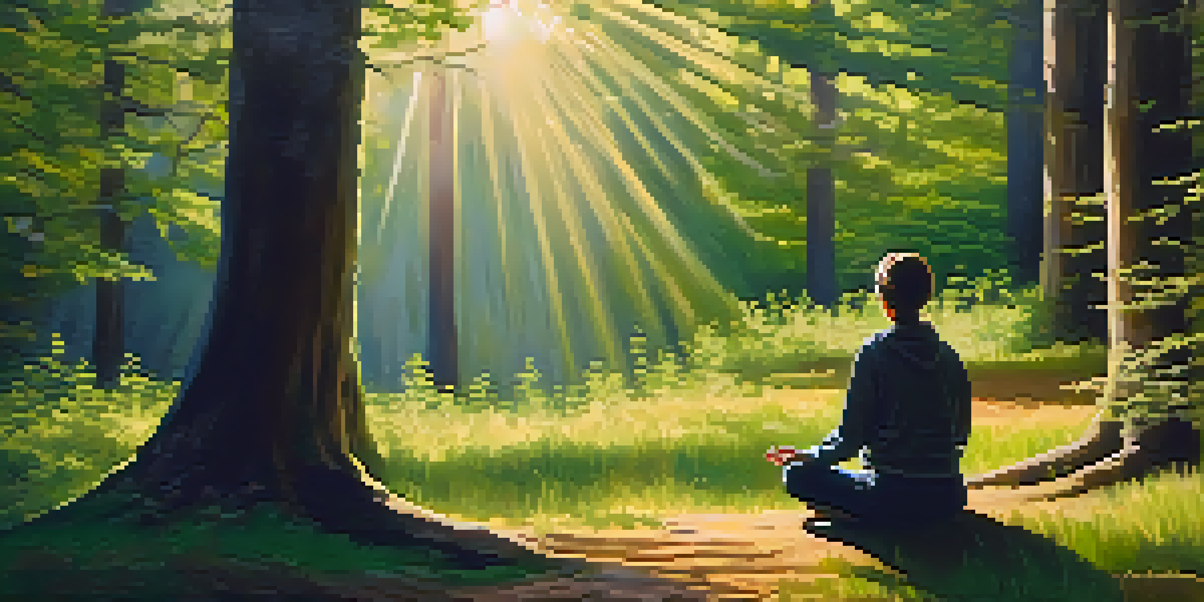 A person meditating in a sunlit forest clearing surrounded by tall trees.